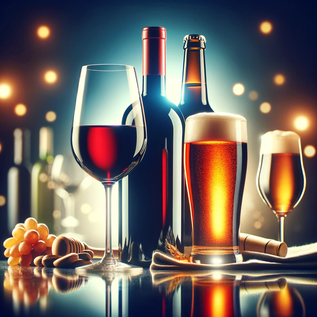 Garrafa de vinho e taça de vinho tinto ao lado de uma garrafa de cerveja e copo de cerveja em um ambiente elegante
