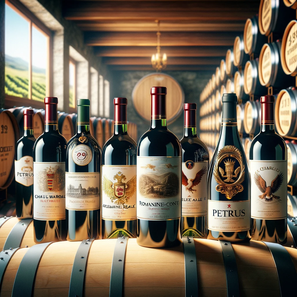 Coleção de garrafas de vinhos caros em adega elegante.