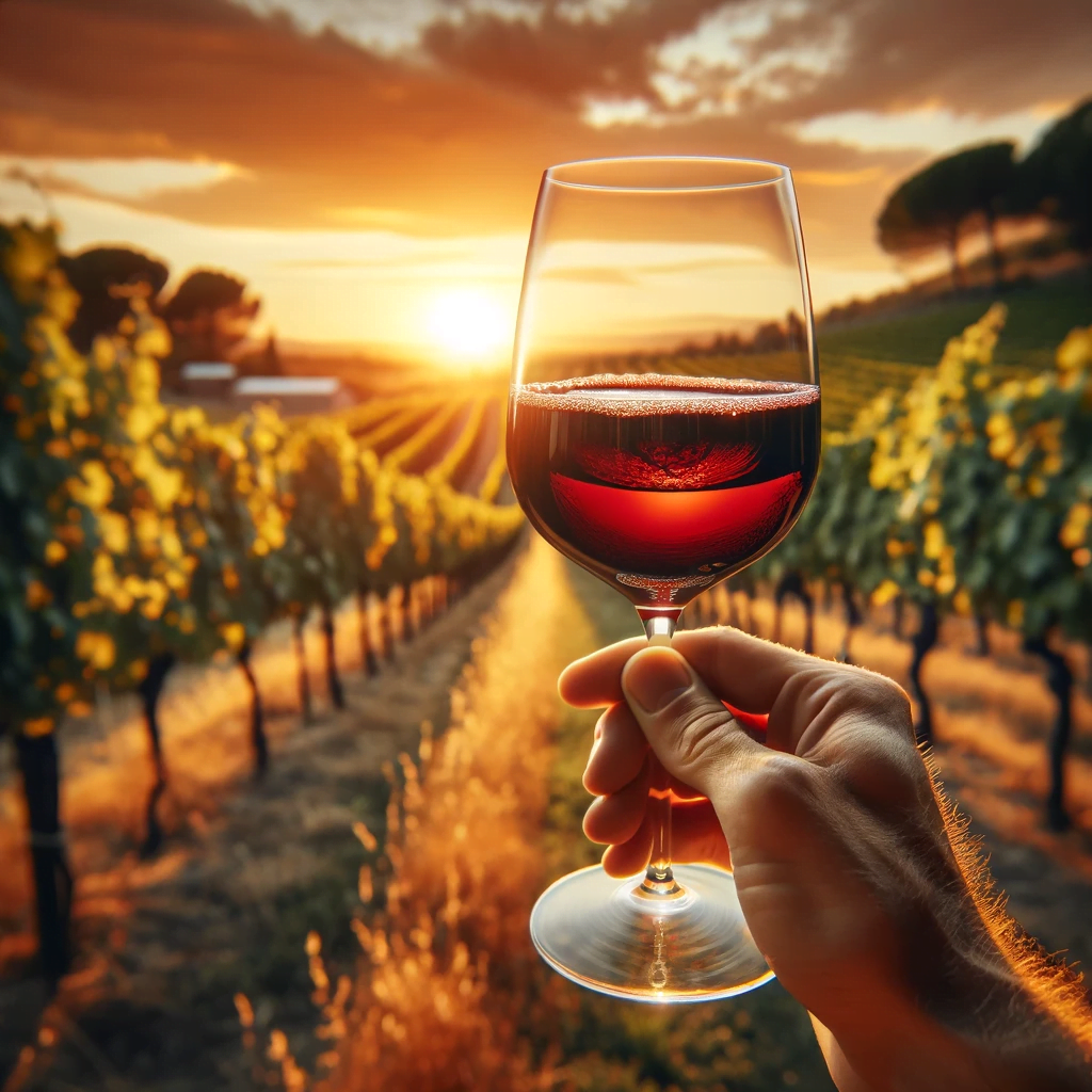 Taça de vinho tinto orgânico com fundo desfocado de vinhedo ao pôr do sol