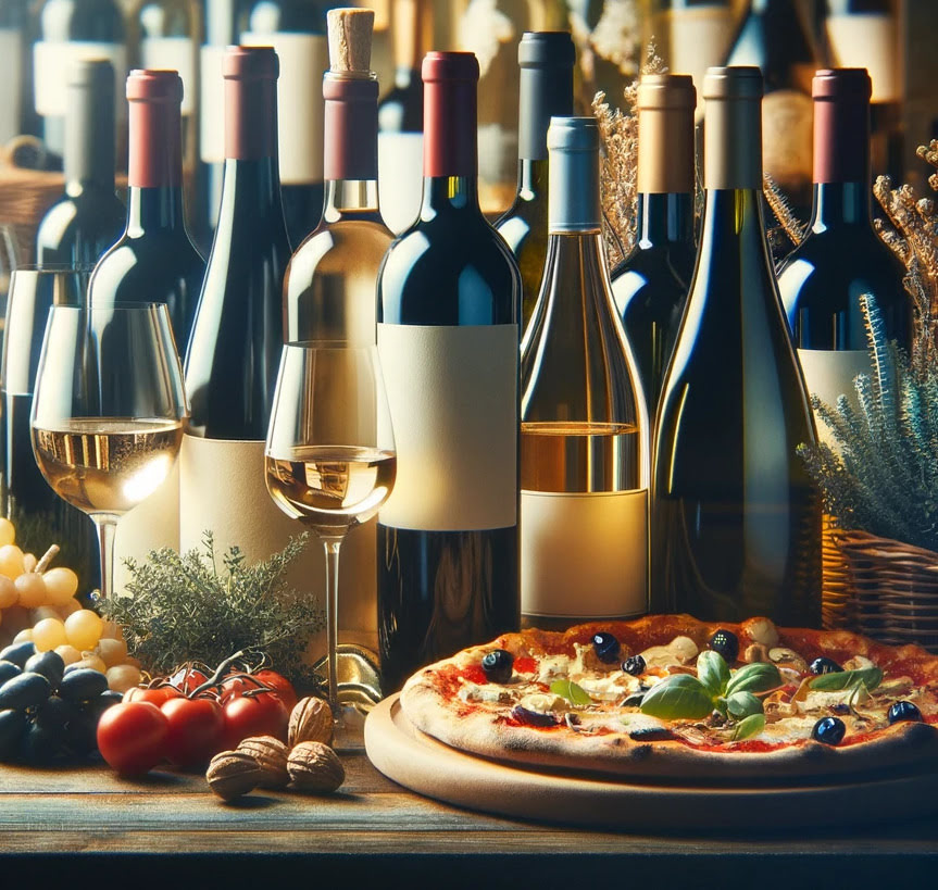 Diversidade de garrafas de vinho em exibição.