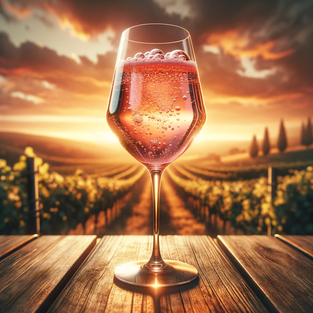 Taça elegante de vinho rosé orgânico com fundo de vinhedo ao entardecer