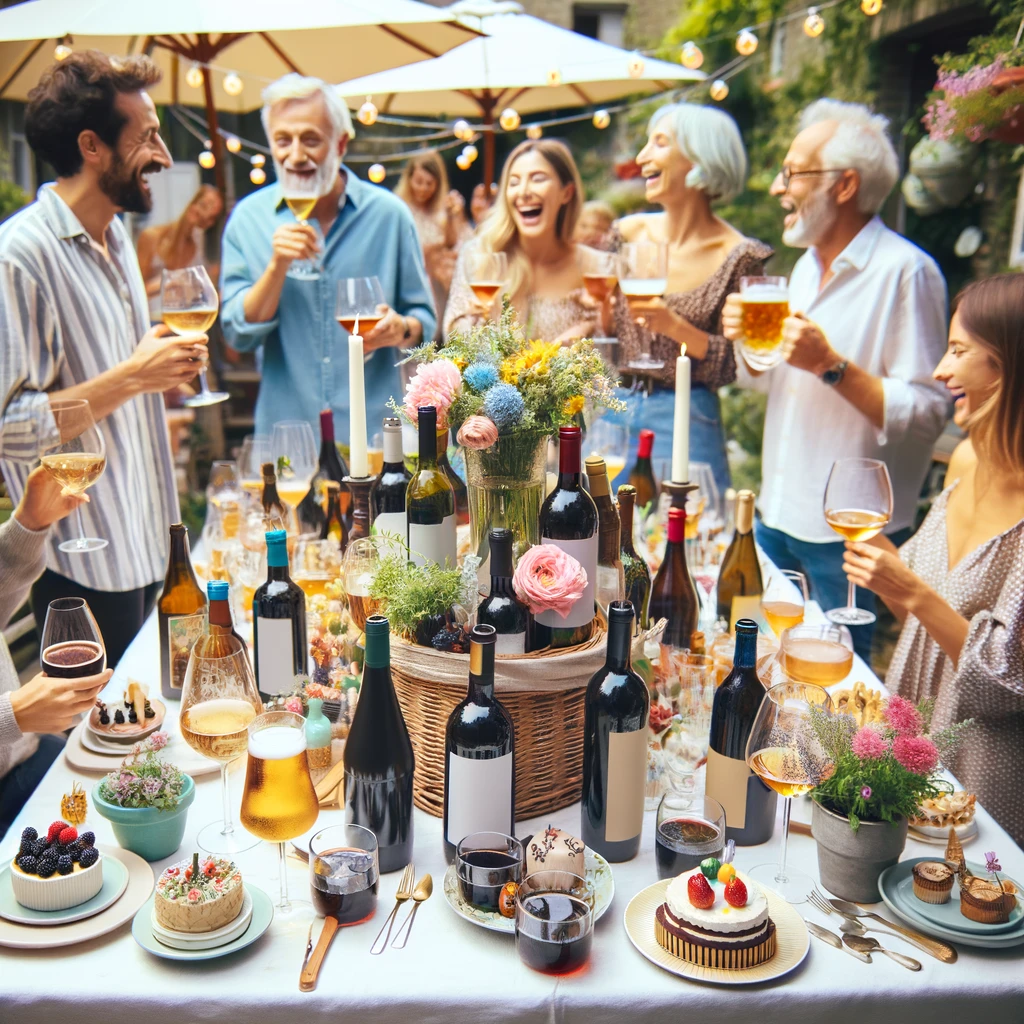 Mesa festiva com variedade de vinhos e cervejas, cercada por convidados.