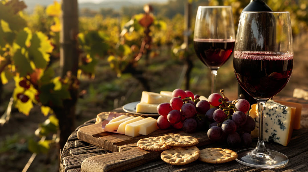 Cena de degustação de vinhos com TARAPACÁ Cosecha Merlot, taças de vinho tinto, queijos, bolachas e uvas vermelhas em uma mesa rústica em vinhedo.
