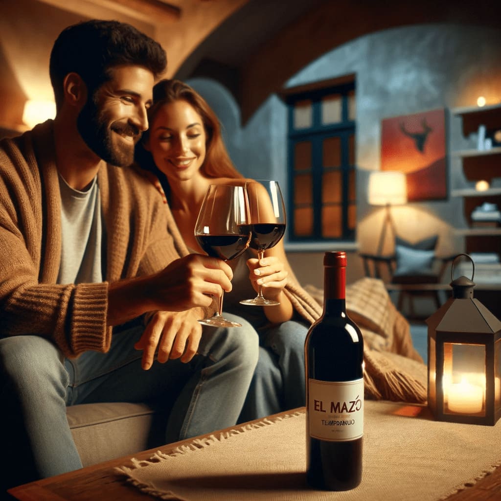 Casal brindando com EL MAZO Tempranillo em sala de estar aconchegante.