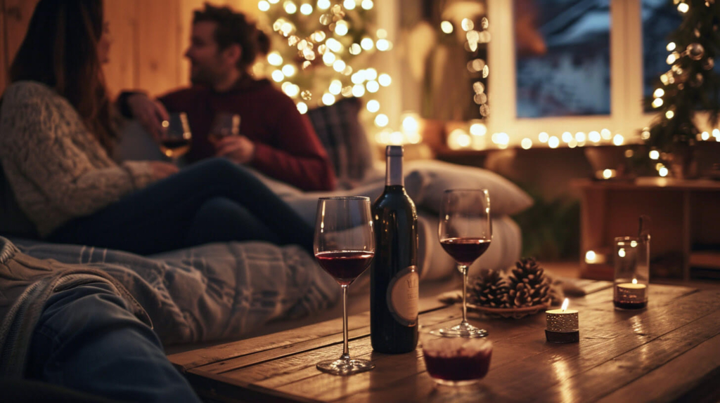 Casal aconchegado em ambiente intimista com taças de vinho vegano, luzes suaves e decoração natalina ao fundo.