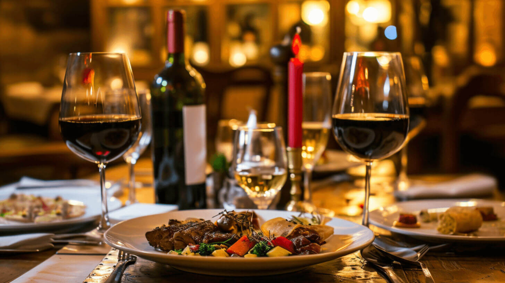 Gato Negro Carmenere com jantar gourmet em ambiente romântico.