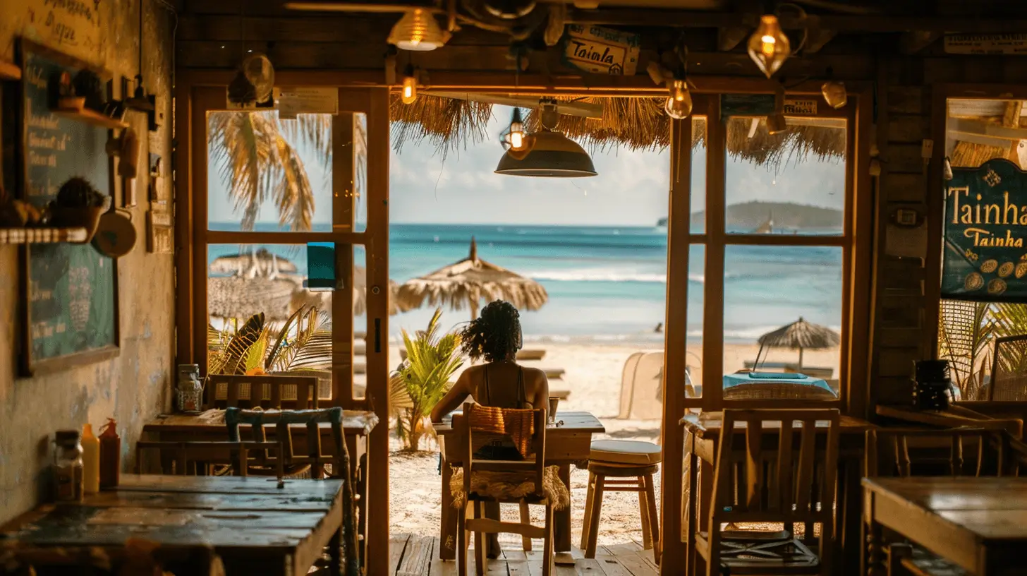 Mulher negra apreciando prato de tainha em restaurante rústico com vista para a praia de Florianópolis